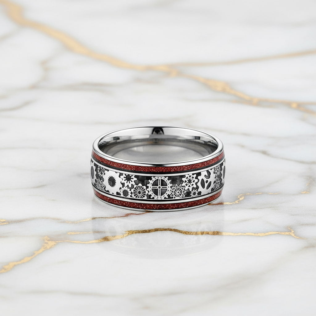 Ring mit Holzmaserung und Zahnrädern – im mechanischen Stil CrystalScents