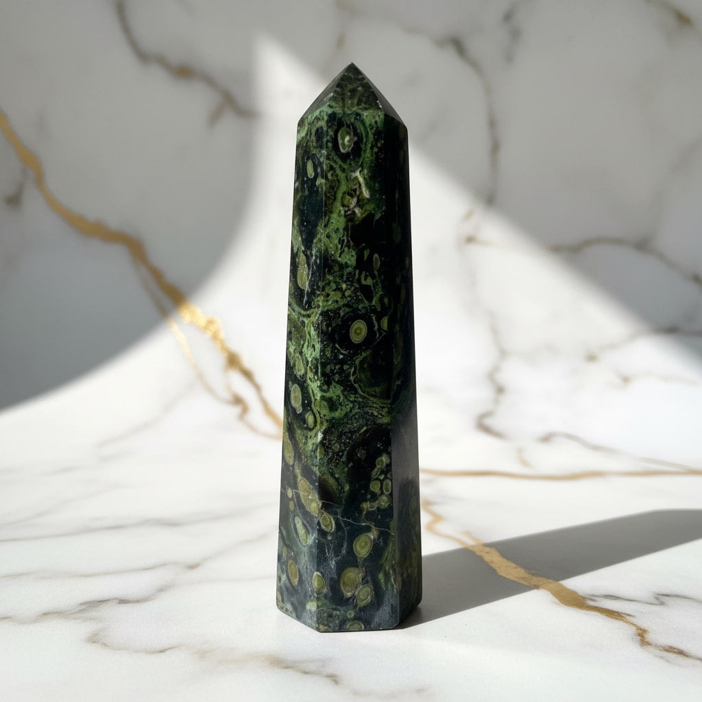 Kambaba Obelisk – Naturstein in Grün & Schwarz CrystalScents