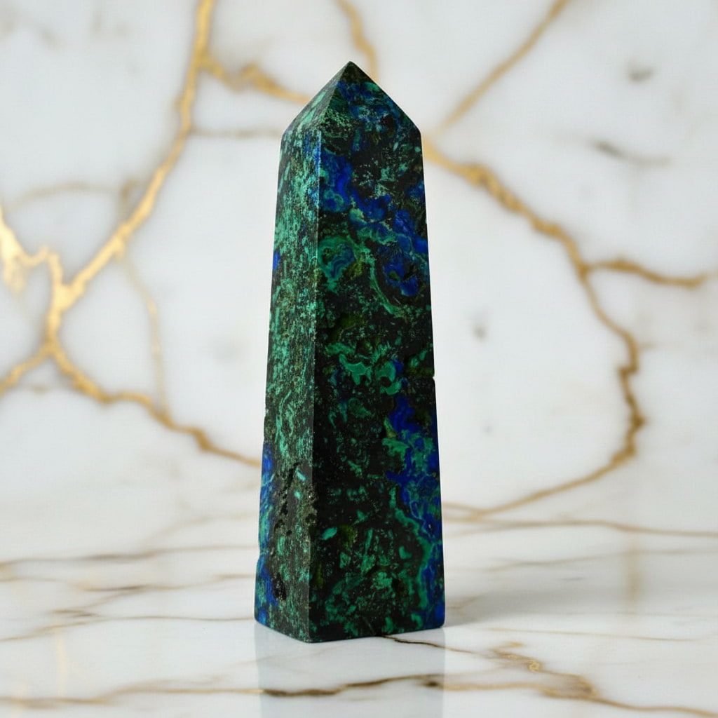 Malachit Azurit Obelisk – Symbiose von Grün & Blau CrystalScents