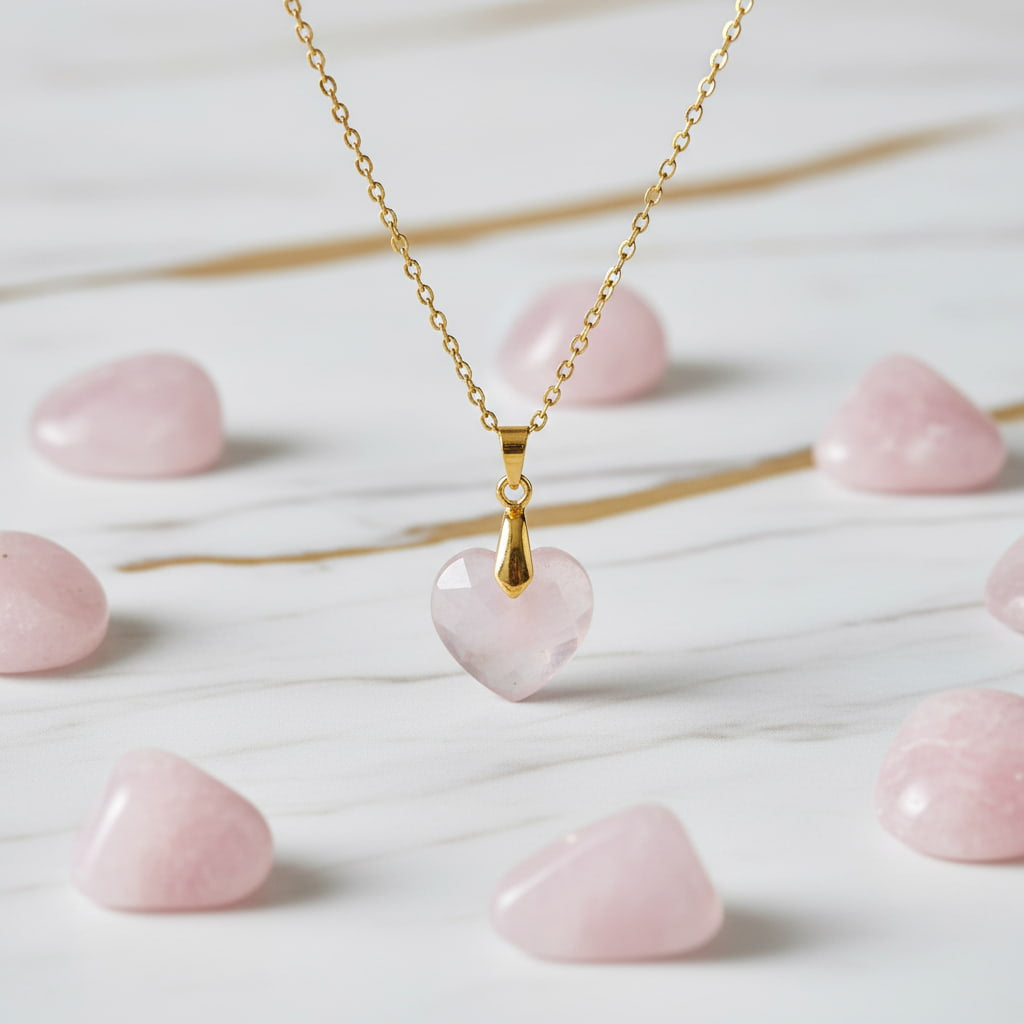 Goldene Halskette mit Edelsteinherz-Anhänger; Rosenquarz CrystalScents