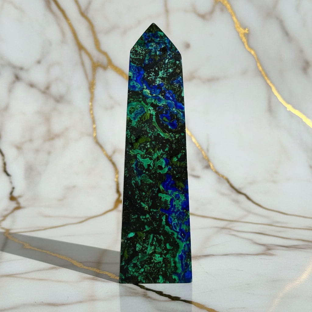 Malachit Azurit Obelisk – Symbiose von Grün & Blau CrystalScents