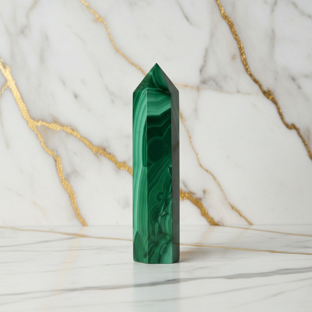 Malachit Obelisk – Kraftstein in tiefem Grün CrystalScents