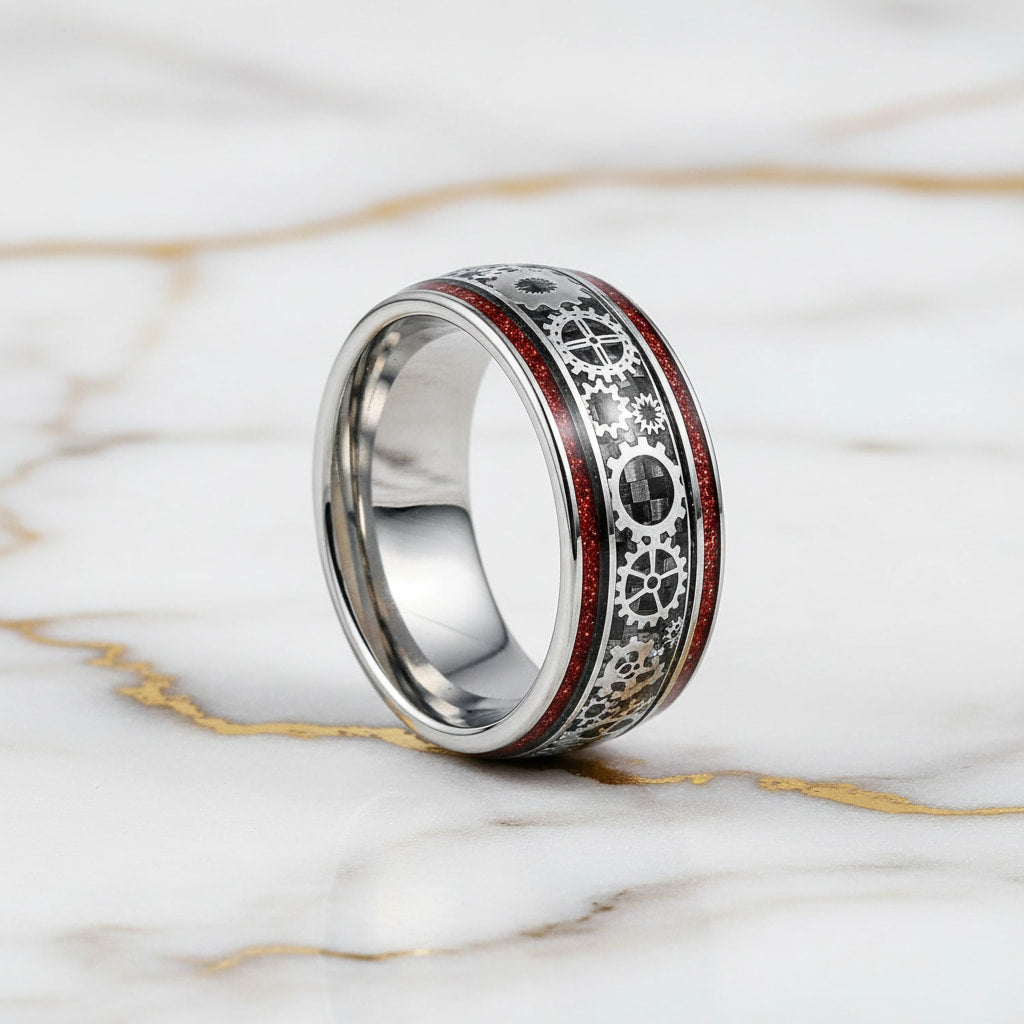 Ring mit Holzmaserung und Zahnrädern – im mechanischen Stil CrystalScents