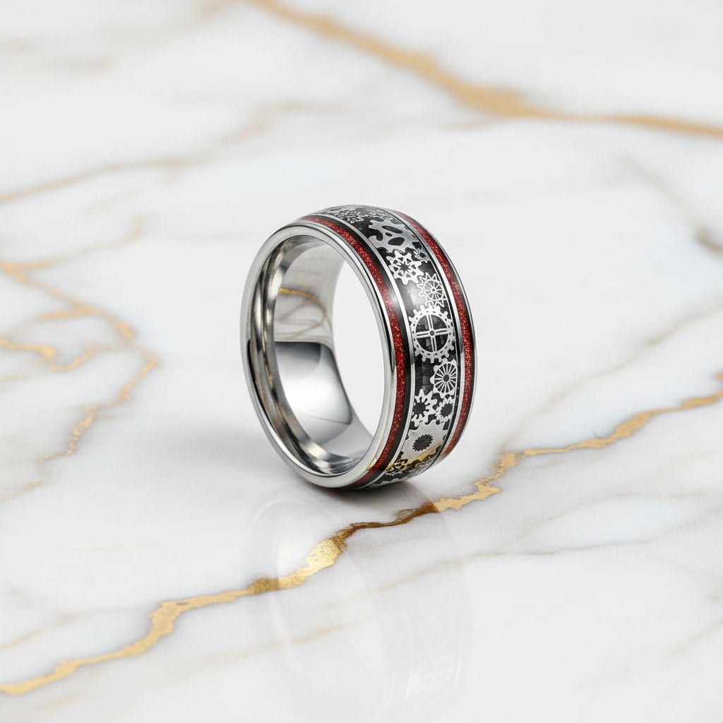 Ring mit Holzmaserung und Zahnrädern – im mechanischen Stil CrystalScents