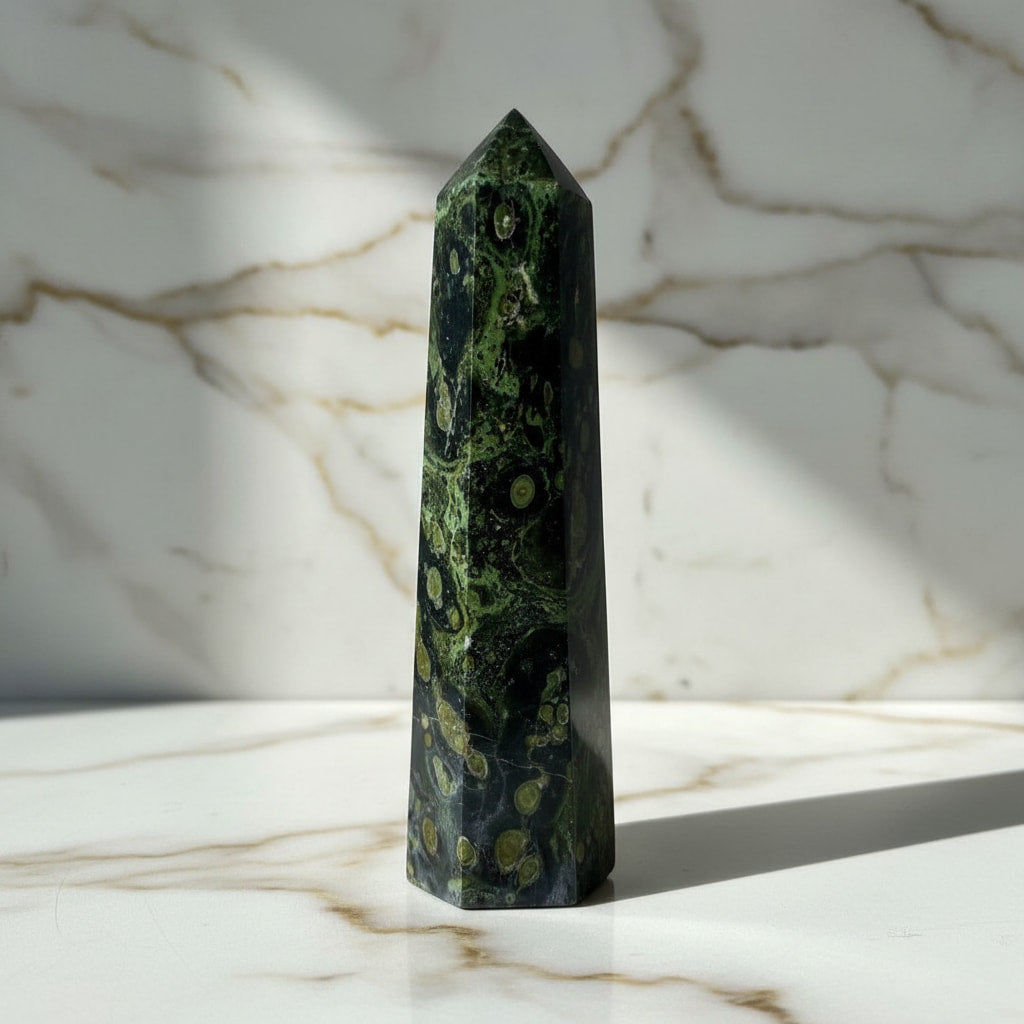 Kambaba Obelisk – Naturstein in Grün & Schwarz CrystalScents