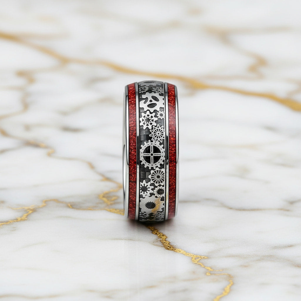 Ring mit Holzmaserung und Zahnrädern – im mechanischen Stil CrystalScents
