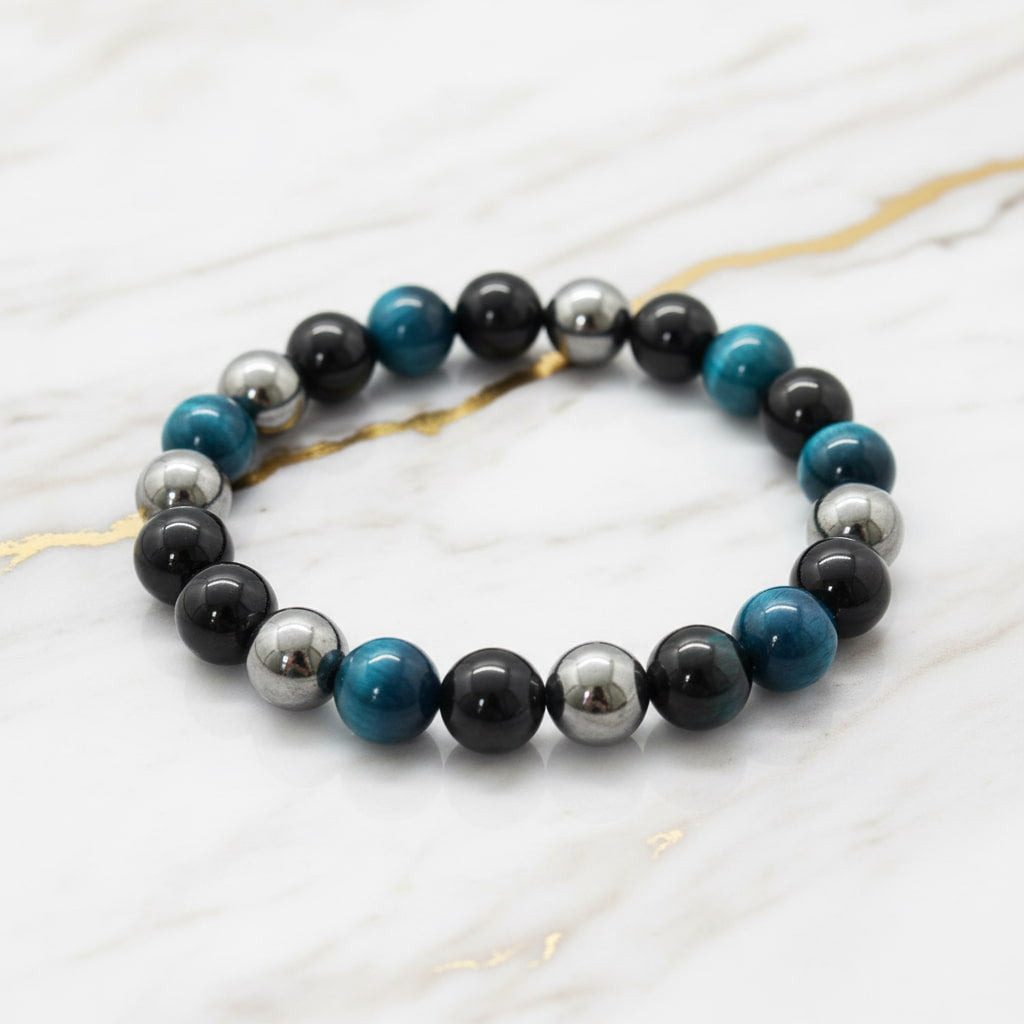 Obsidian, Hämatit & Blaues Tigerauge Armband - Wirkungstrio CrystalScents
