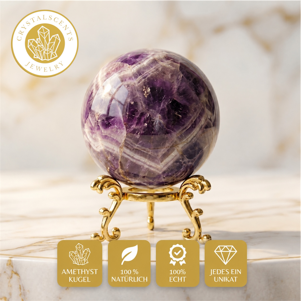 Amethyst Kugel (5-6 cm) inkl. goldenem Aufsteller – Unikat der Natur CrystalScents