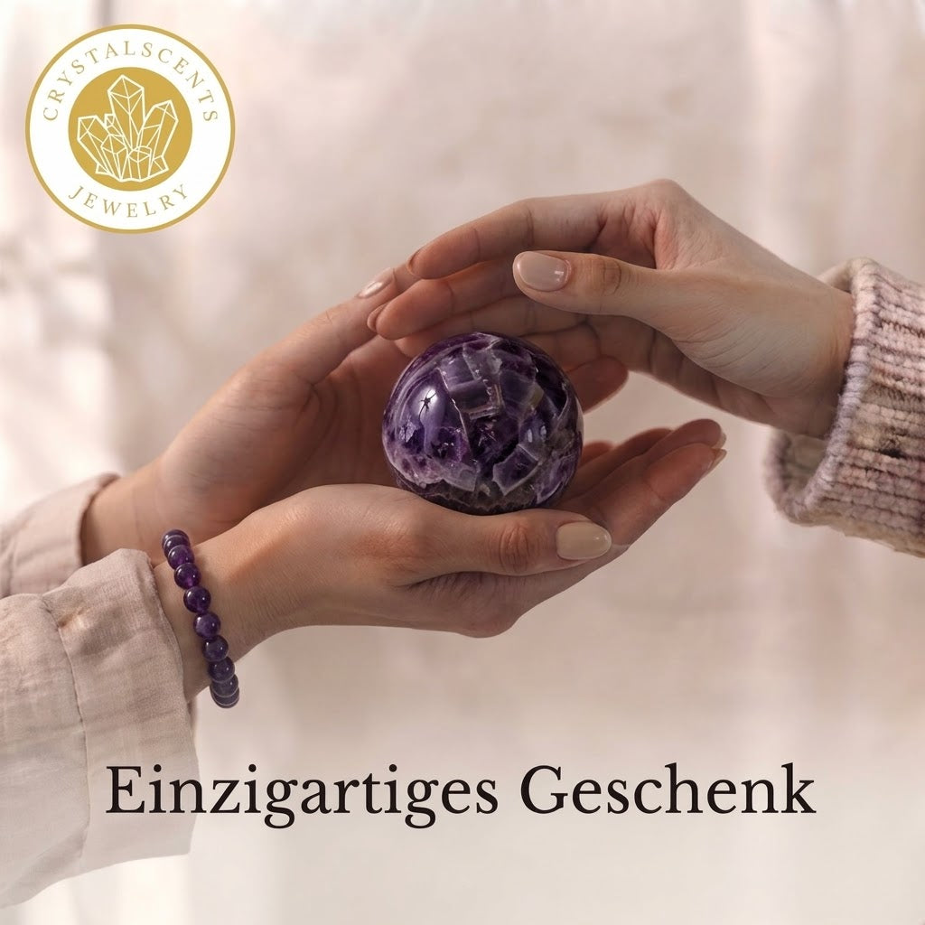Amethyst Kugel (5-6 cm) inkl. goldenem Aufsteller – Unikat der Natur CrystalScents