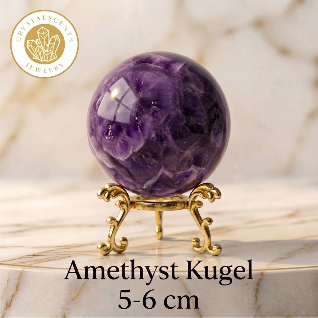 Amethyst Kugel (5-6 cm) inkl. goldenem Aufsteller – Unikat der Natur CrystalScents