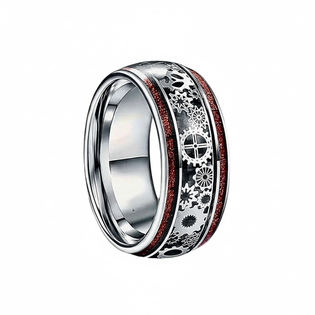 Ring mit Holzmaserung und Zahnrädern – im mechanischen Stil CrystalScents