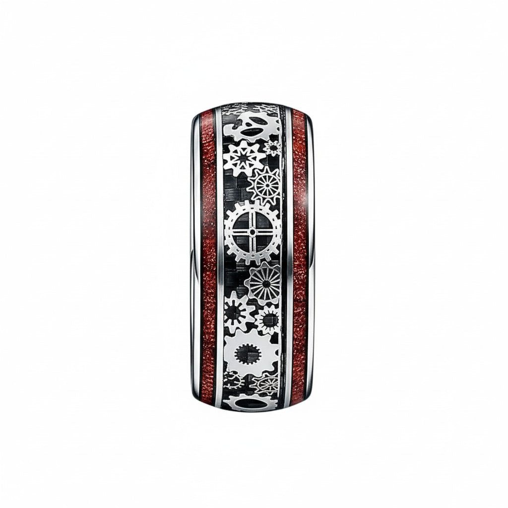 Ring mit Holzmaserung und Zahnrädern – im mechanischen Stil CrystalScents