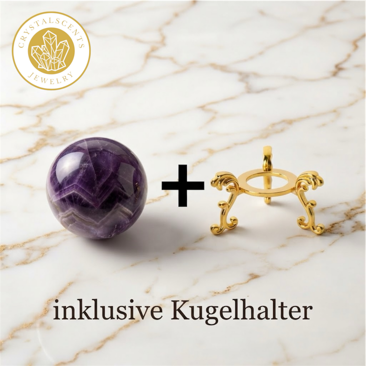 Amethyst Kugel (5-6 cm) inkl. goldenem Aufsteller – Unikat der Natur CrystalScents