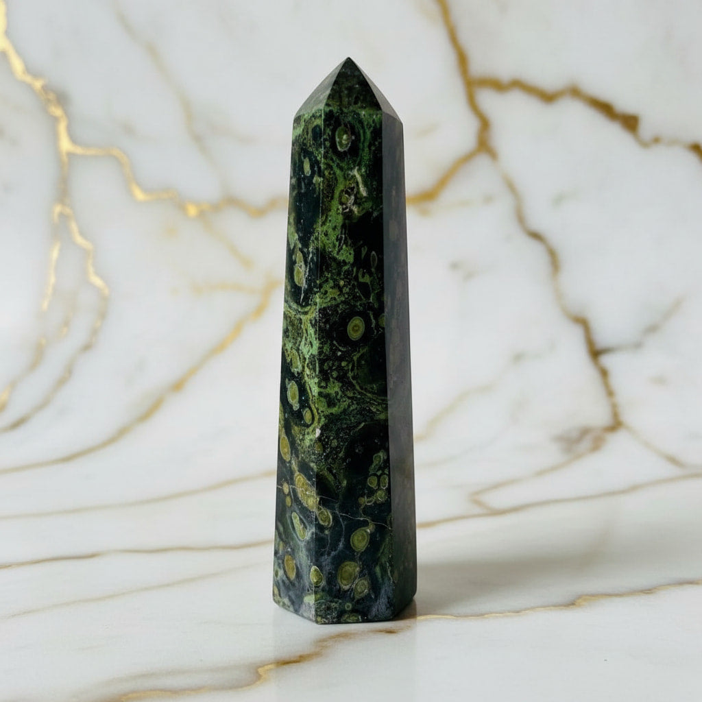 Kambaba Obelisk – Naturstein in Grün & Schwarz CrystalScents