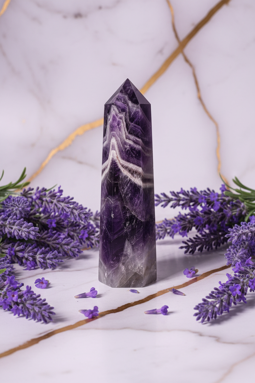 Amethyst obelisk with lavender flowers