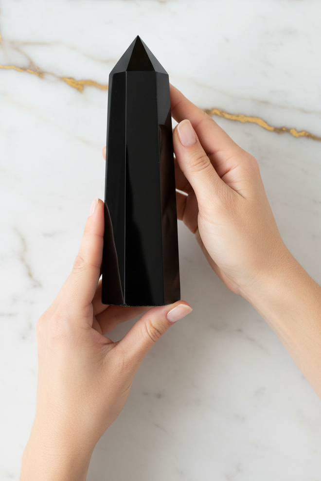 Black obsidian in hands