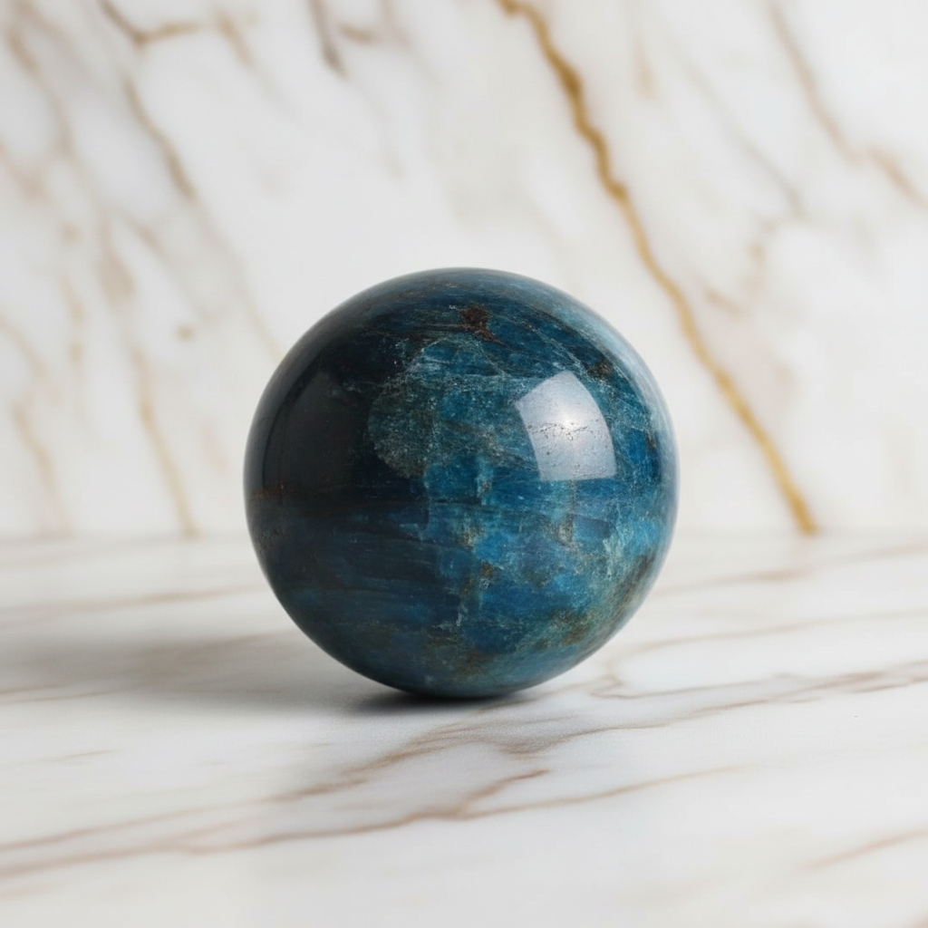 Blaue Apatit-Kugel ohne Ständer auf Marmor 5