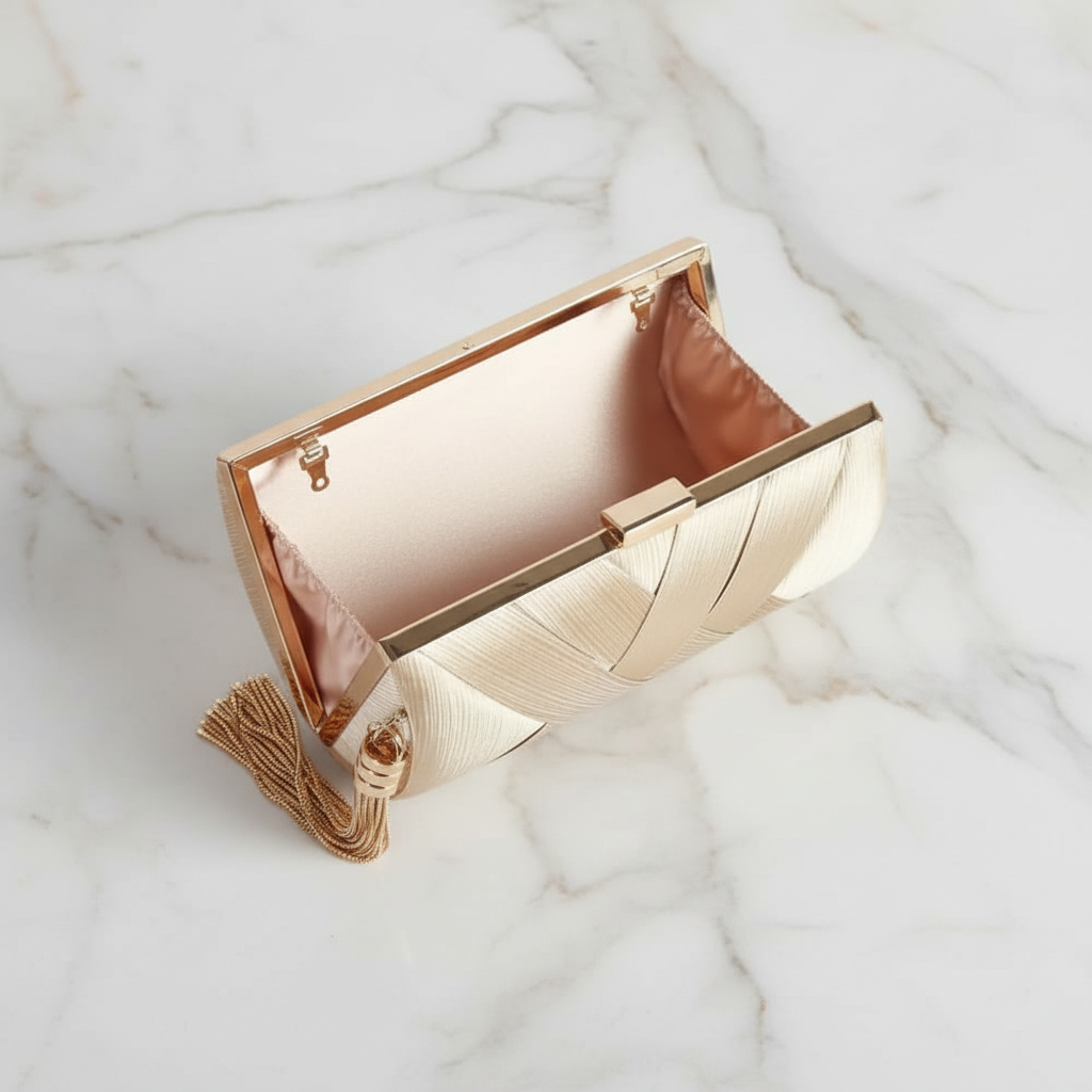 Champagnerfarbene Clutch geöffnet auf Marmor 5