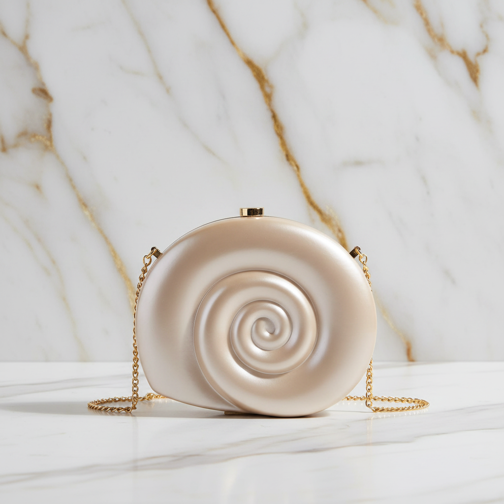 Cremefarbene Muschel-Clutch auf Marmor 4