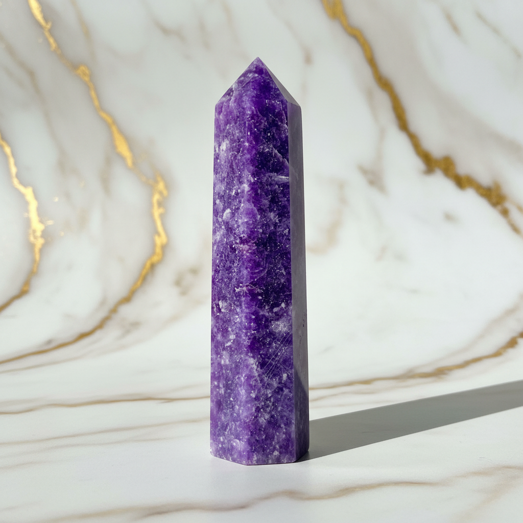 Lepidolith Obelisk auf Marmor 7
