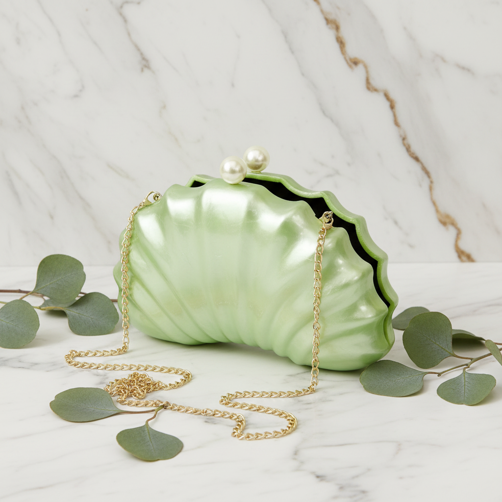 Mintgrüne Clutch geöffnet mit Eukalyptus 4