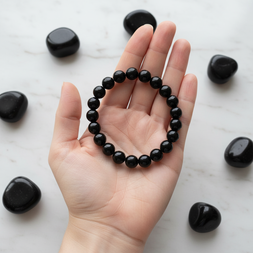 Obsidian Hand mit Trommelsteinen 1