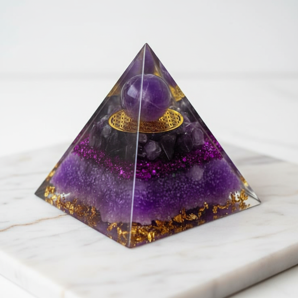 Orgonit-Pyramide Amethyst auf Marmor 2