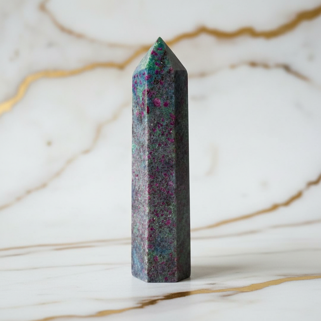 Rubin-Cyanit Obelisk auf Marmor - Dreiviertelansicht links