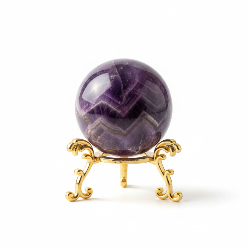Amethyst Kugel (5-6 cm) inkl. goldenem Aufsteller – Unikat der Natur CrystalScents