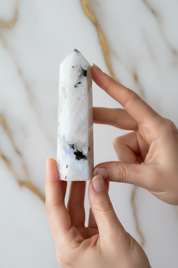 White rainbow moonstone obelisk in hands